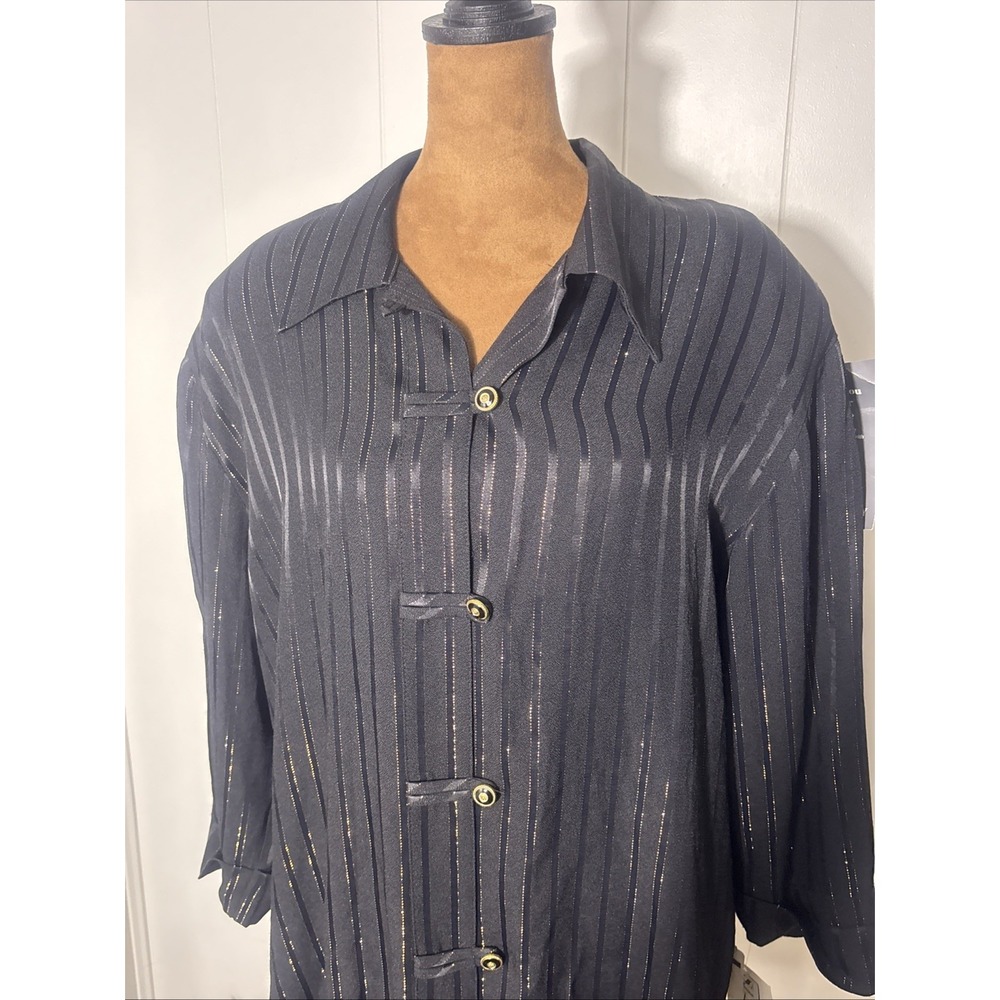 S.L. Fashions Black & Gold Metallic Stripes Button Up Women Sz 14 Made In USA